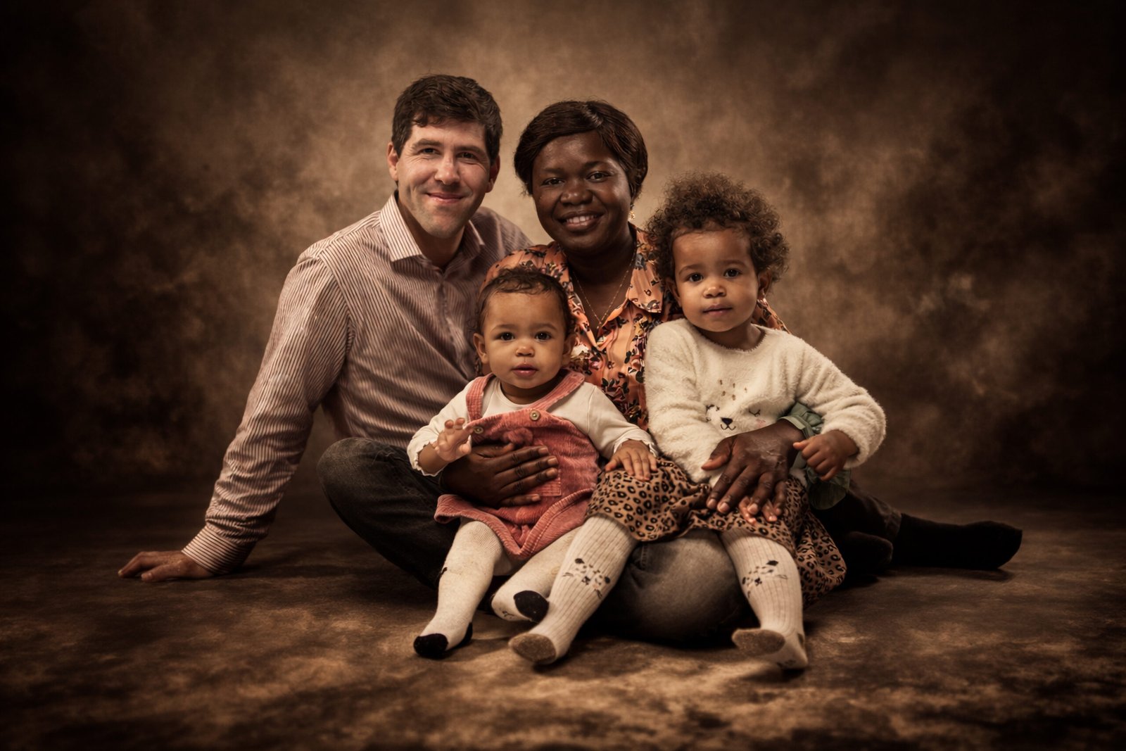 Séance photo famille en studio dans les Pyrénées-Orientales avec un photographe professionnel, portrait artistique fine art sur fond marron.