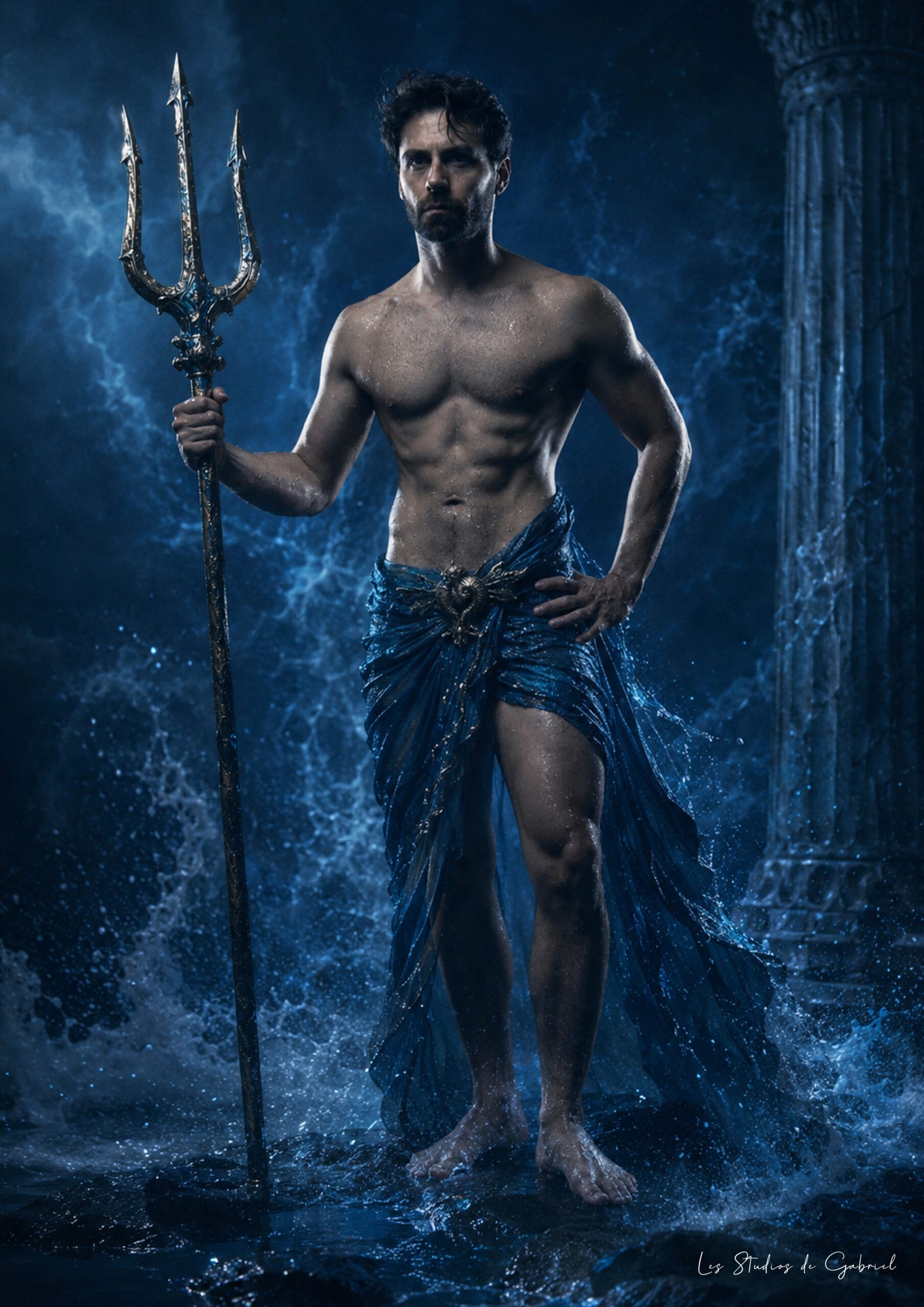 Portrait artistique en studio d’un homme avec un trident, réalisé à Saint-Michel-de-Llotes